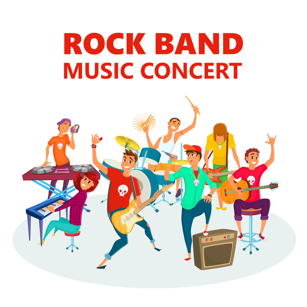 Cartoon Teenage Rock band. Concepto música concierto fondo vector ilustración
. - Vector, Imagen