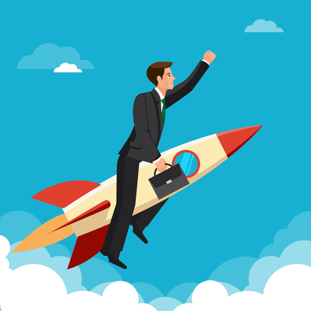 Business concept, man is victoriously flying with the rocket ahead of all rivals - Vector, Image