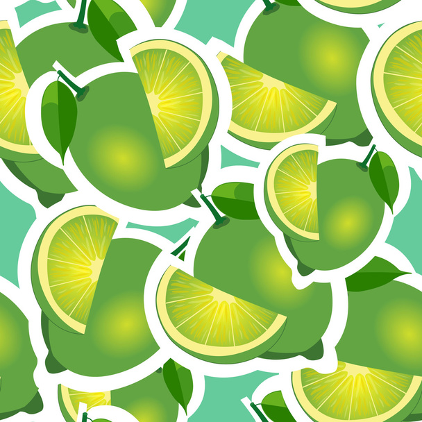 Pattern. lime and leaves different big sizes on turquoise background. - Vector, Image