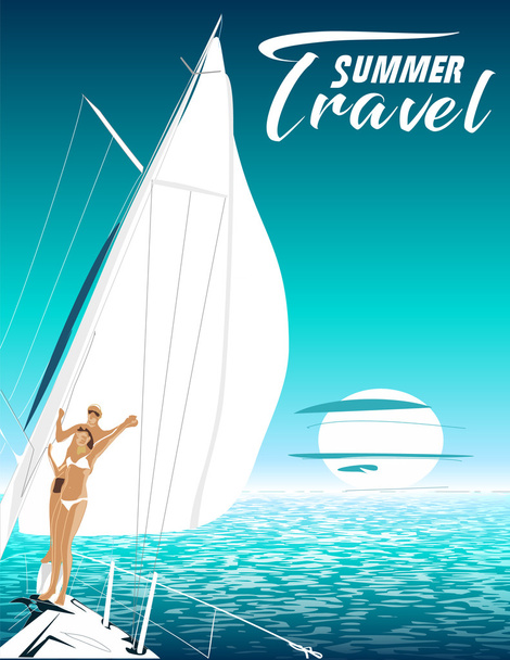 Summer travel vector illustration. Summer holidays at sea. Happy couple traveling by yacht at sunset. Place for text. - ベクター画像