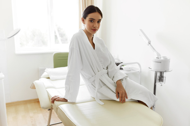 Beautiful Woman In Bathrobe In Cosmetology Room At Spa Salon - Zdjęcie, obraz