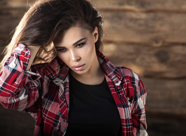 Young sensual & beauty woman pose on grunge wooden background - Fotografie, Obrázek