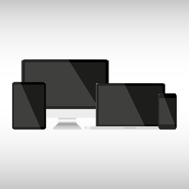 Set con pantallas oscuras Ordenador Cuaderno Tableta y teléfono sobre fondo gris
 - Vector, Imagen