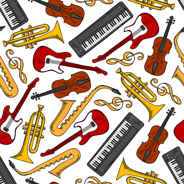 Musical instruments, treble clefs seamless pattern - Vector, Image