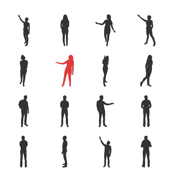 People, male, female silhouettes in different showing and browsing poses - Vector, Image