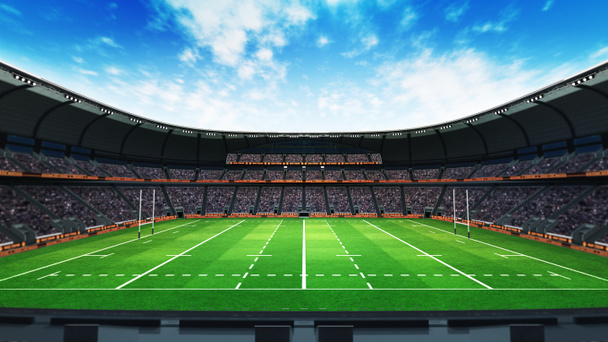 ragbyový stadion s fanoušky a zelenou trávu na denní světlo - Fotografie, Obrázek