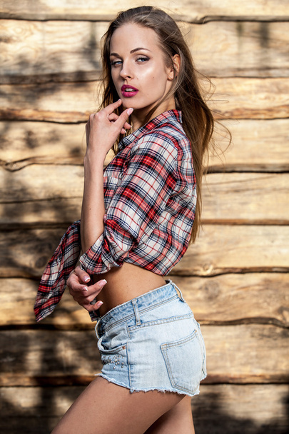 Young sensual & beauty blonde woman pose on grunge wooden background - Fotoğraf, Görsel