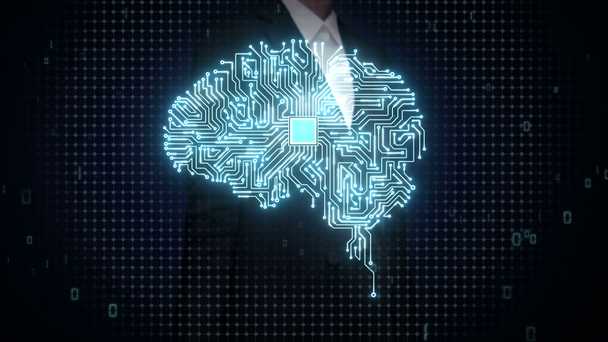 Femme d'affaires touchant puce de processeur de cerveau, développer l'intelligence artificielle
. - Séquence, vidéo