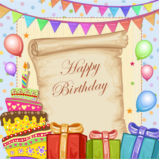Karta urodzinowa z tort, prezenty i balony - Wektor, obraz