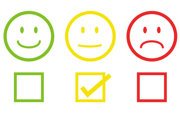yellow rating system with check box and simleys in green red and yellow - Vector, Image