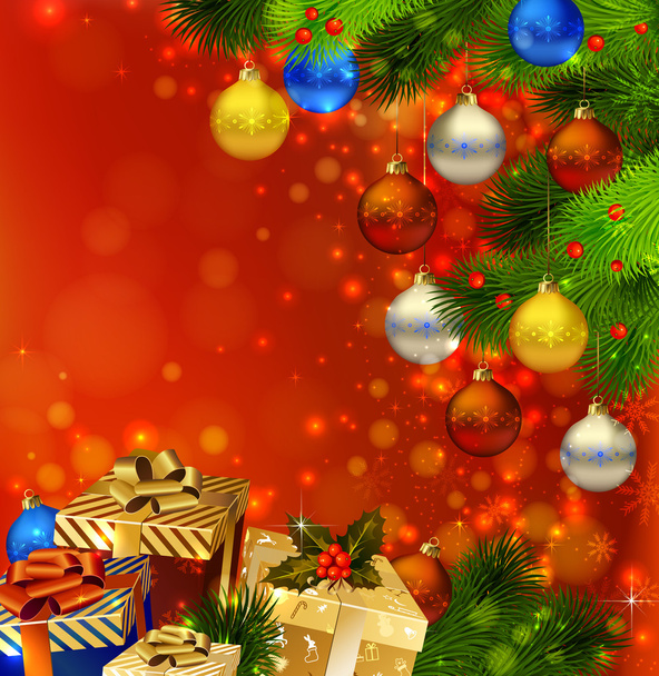 κόκκινο φόντο Χριστούγεννα με διάφορα δώρα και πράσινο έλατο - Διάνυσμα, εικόνα