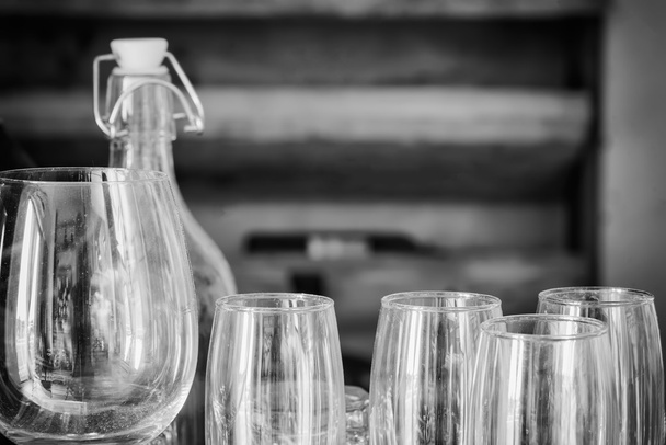 Champagne glasses in a row. black and white tone. Vintage filter - Photo, Image
