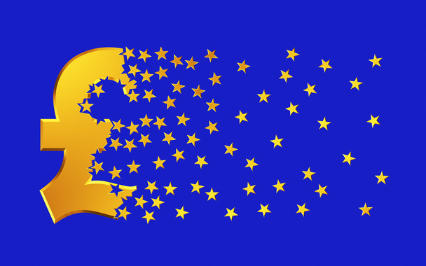 Pound Sterling Sign Falling Apart To Gold Stars Over Blue Background - Photo, Image