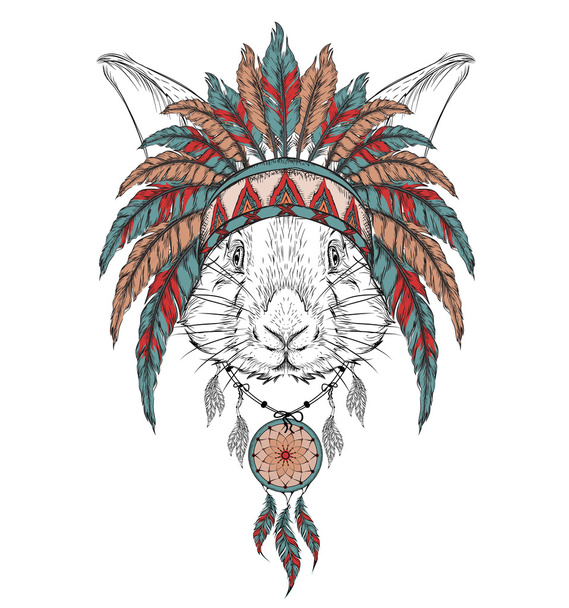 Rabbit in the Indian roach. Indian feather headdress of eagle. Hand draw vector  illustration - Вектор, зображення