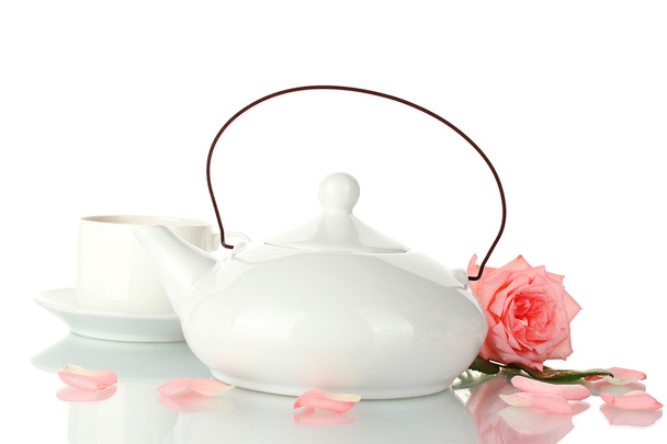 Teapot and cup of tea with rose isolated on white - Photo, Image