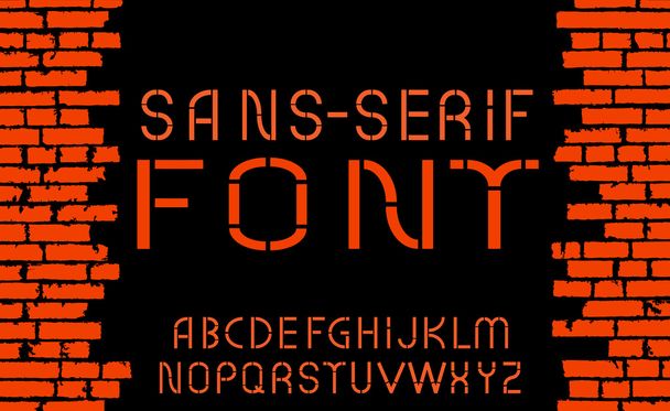Orange sans-serif modern font on old brick wall background. Vector illustration - Wektor, obraz