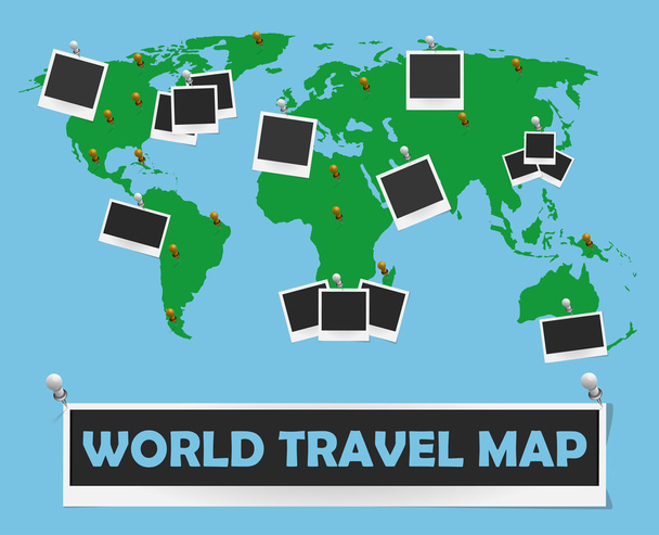Mapa de viajes por el mundo con marcos de fotos y alfileres. Diseño de concepto de viaje. Ilustración vectorial
 - Vector, Imagen