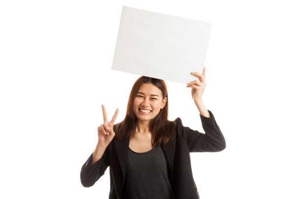 Young Asian business woman show victory sign with blank sign. - Fotografie, Obrázek