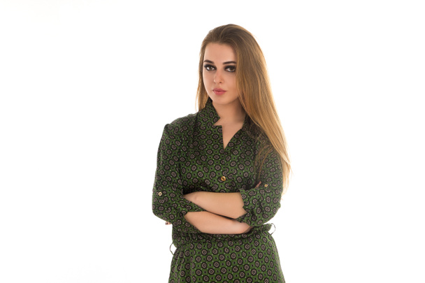 zöld ruhás nő - Fotó, kép