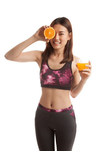 Beautiful Asian healthy girl with orange juice and orange fruit. - Fotó, kép