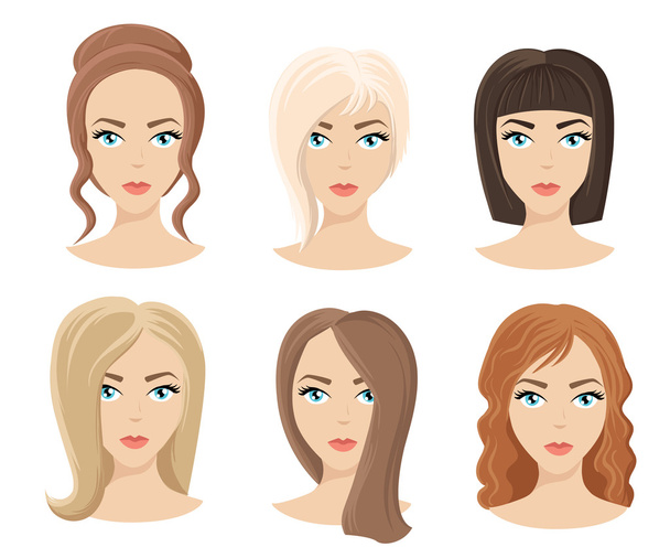 Different colors shades and types of hair. Set of different girl's hairstyle for curly wavy short medium. Hairdresser a new hairstyle new style - Vector, Image
