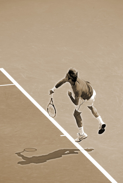 MONTREAL - 5 de agosto: Roger Federer en la cancha de la Montreal Rogers Cup el 5 de agosto de 2011 en Montreal, Canadá. Roger Federer es un jugador de tenis profesional suizo que ocupó 1 posición para un récord de 237 semanas - Foto, imagen