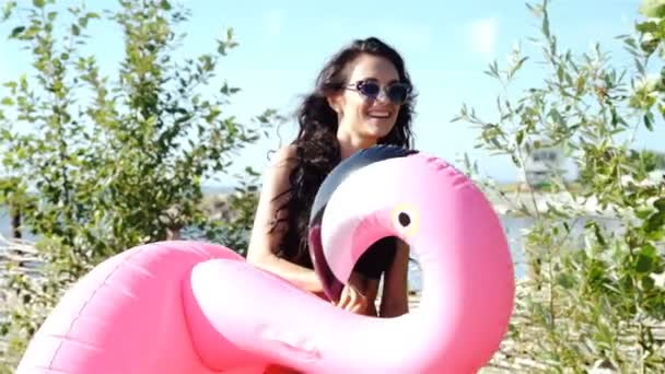 Cheerful beautiful young millennial woman holding sprinkled pink inflatable flamingo float in summer. 20s. 1080p Slow Motion - Кадри, відео