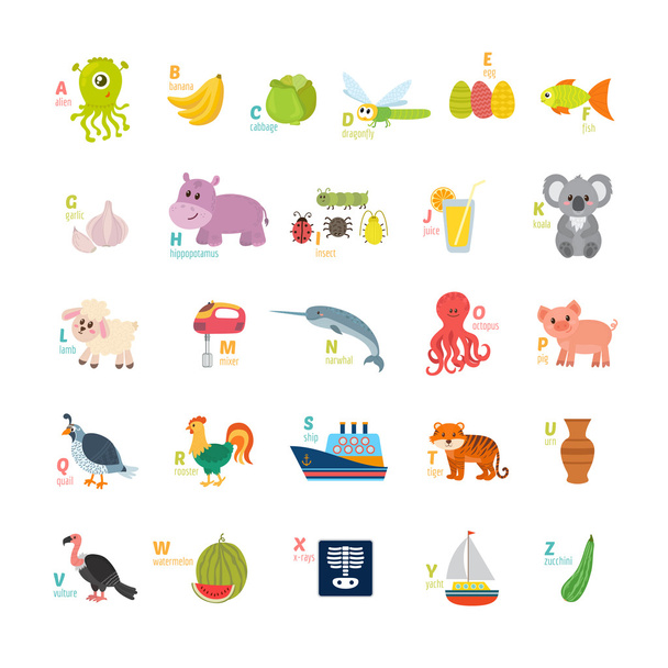 Naucz się czytać. Dzieci alfabet z cute zwierzęta kreskówki i o - Wektor, obraz