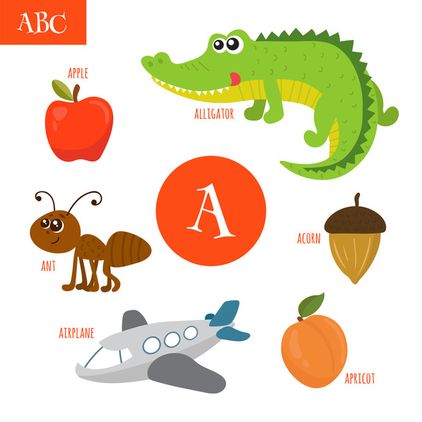 Carta A Alfabeto de dibujos animados para niños. Cocodrilo, hormiga, manzana
,  - Vector, imagen