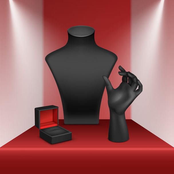 Bracelet collier noir bague stand bijoux boîte à bijoux vitrine rouge
 - Vecteur, image