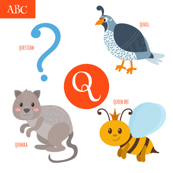 子供のための文字Q.漫画のアルファベット。ウズラ、質問、女王  - ベクター画像