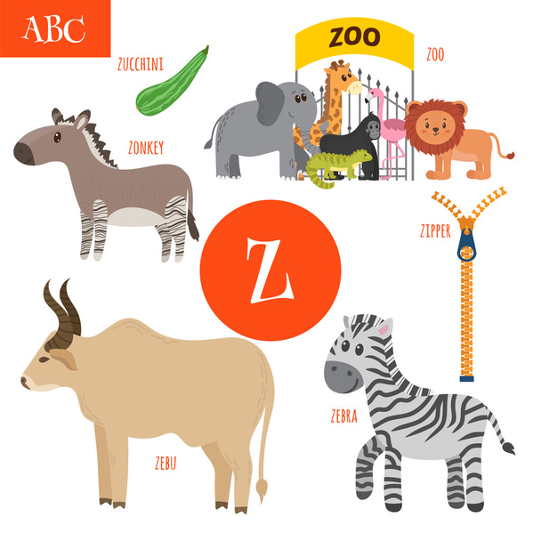 Carta Z. Alfabeto dos desenhos animados para crianças. Zebra, zíper, zonkey
,  - Vetor, Imagem