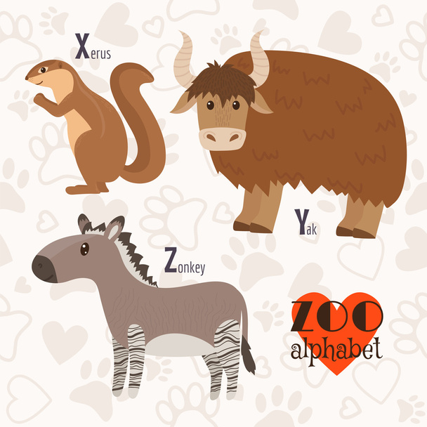 Állatkerti ábécé-vicces állatok. X, y, z betűk. Észak, jak, zo - Vektor, kép