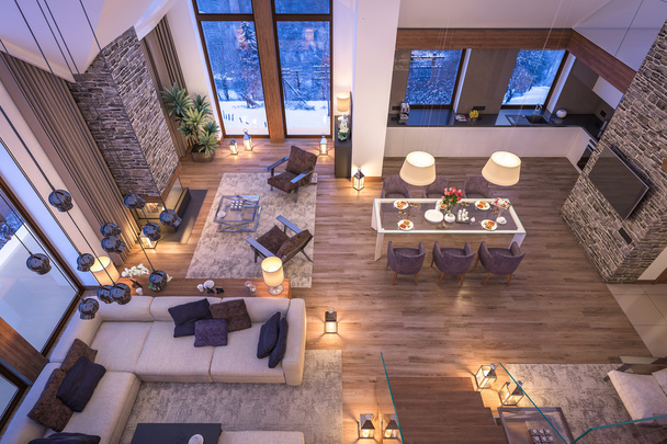 3D rendering of evening living room of chalet - Foto, afbeelding