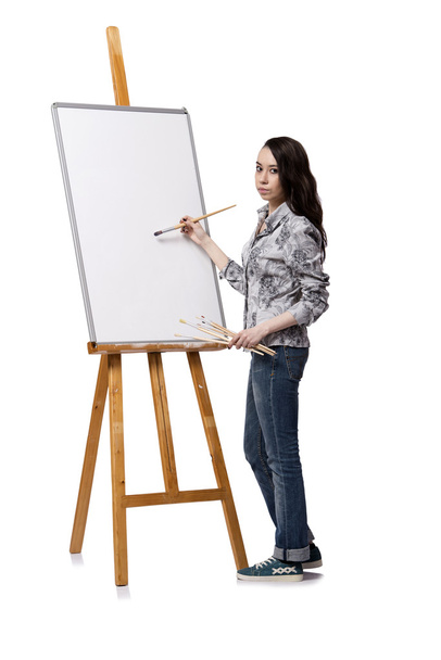 Female artist drawing picture isolated on white background - Fotoğraf, Görsel