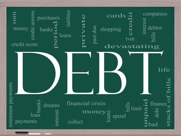 Concept de nuage de mot de dette sur un tableau noir
 - Photo, image