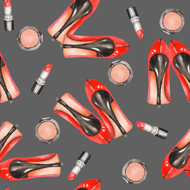 Seamless pattern with the women's watercolor hand drawn red shoes on the heels, red lipstick and blusher on a grey background - Zdjęcie, obraz