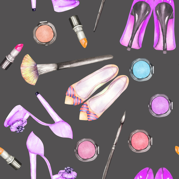 Seamless watercolor pattern with the women's shoes and make up objects - Photo, Image