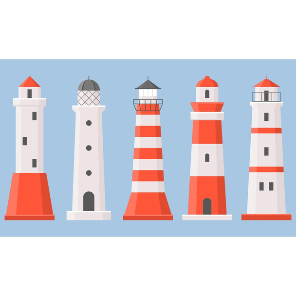Vector light house icons collection set 1, flat design - Vetor, Imagem