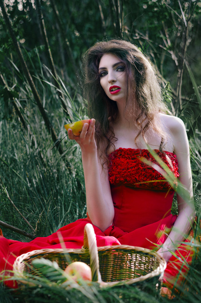 schöne Mädchen, Hexe sitzt auf dem Gras in einem roten Kleid und essen einen halben Apfel, der in den Korb nimmt - Foto, Bild
