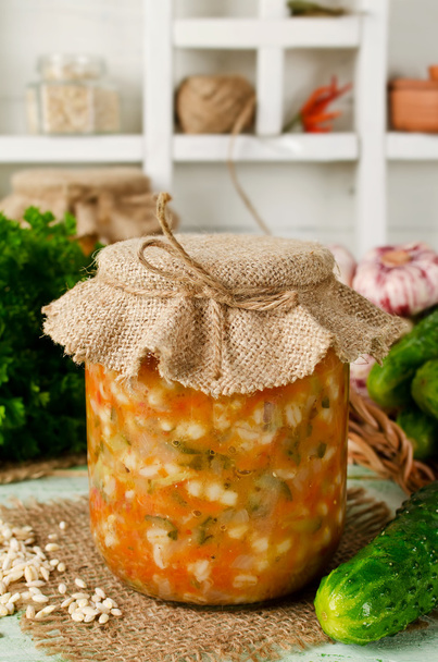 Soup in a jar. Pickle from barley and cucumber - Φωτογραφία, εικόνα