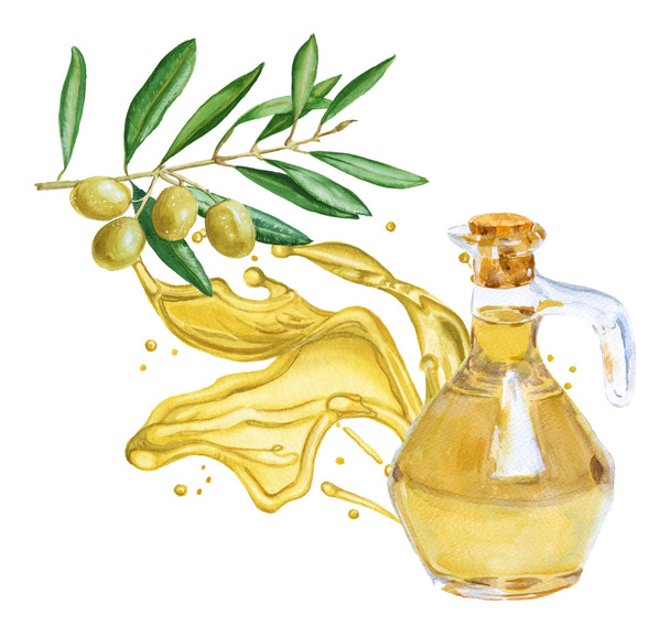 Olivový olej v lahvi. Kapkou oleje. Izolovaný. Akvarelem i - Fotografie, Obrázek