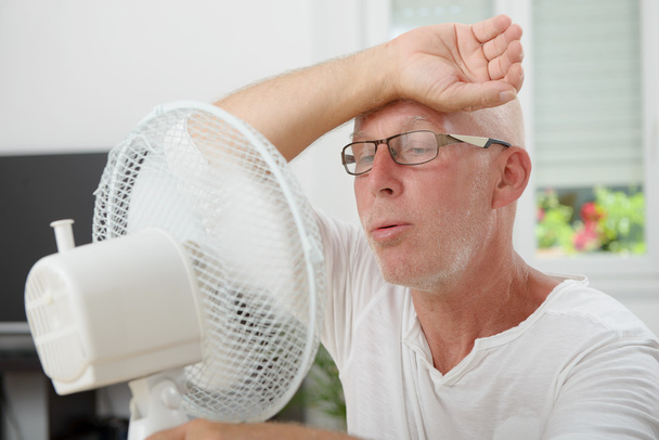 volwassen man vernieuwd met een ventilator - Foto, afbeelding