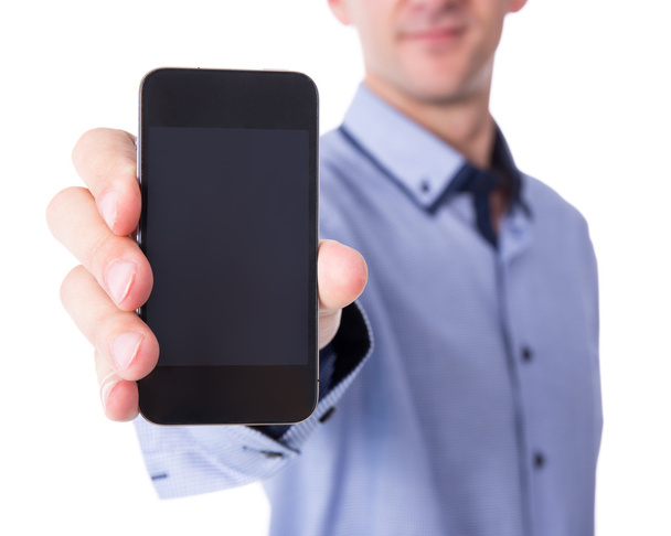 telefono astuto di affari uomo visualizzando con schermo in bianco isolato su w - Foto, immagini