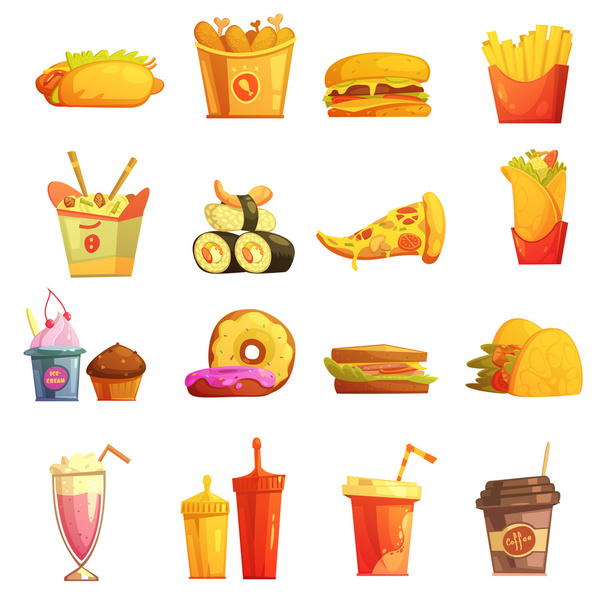 Conjunto de ícones de desenhos animados retro fast food
 - Vetor, Imagem