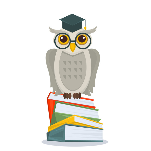 メガネと本スタックの上に座って学術の帽子とフクロウ。分離された本にフクロウ。フクロウの教育コンセプト。ベクトル図 - ベクター画像