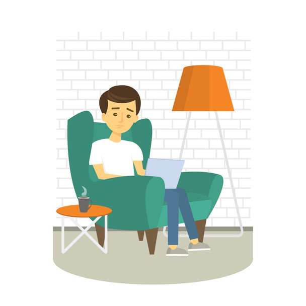 Hombre joven relajándose en sillón y navegando por Internet. Hombre con portátil en casa. Ilustración vectorial
. - Vector, imagen
