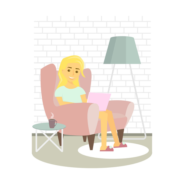 Jeune femme relaxante sur fauteuil et navigation sur Internet. Fille avec ordinateur portable à la maison. Illustration vectorielle
. - Vecteur, image