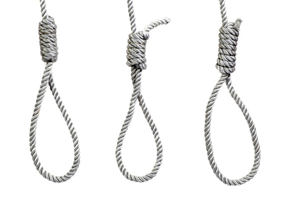 three hanging noose ropes, isolated on white - Photo, Image