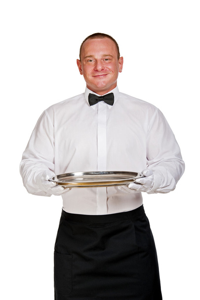 Σερβιτόρος σε γάντια κρατώντας δίσκος, απομονώνονται σε λευκό φόντο. - Φωτογραφία, εικόνα
